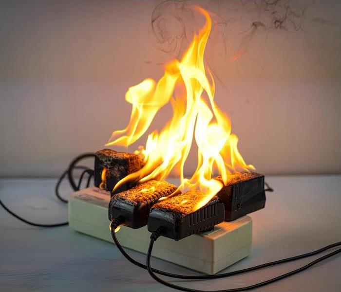 Image of an overloaded electrical outlet/surge protector that has caught on fire